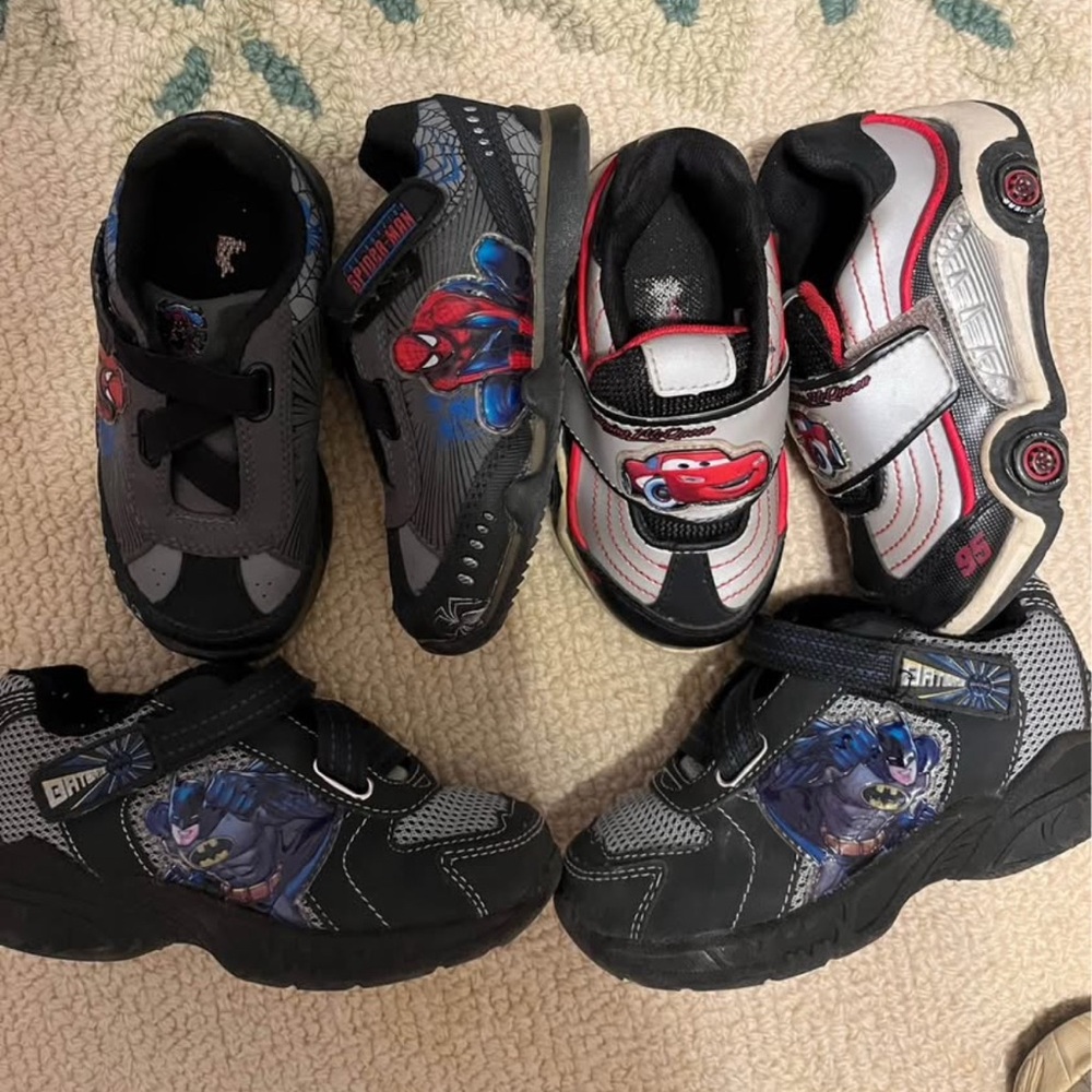 3 pairs of Batman and Cars Kids Shoes - Black and Gray. Sizes 4-6